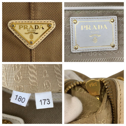 Prada Tote Bag Canvas, Leather Beige Gold Metal Tote Bag Shoulder Bag 2Way Logo Jacquard Women