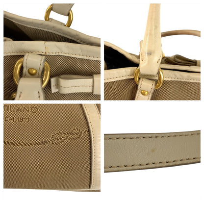 Prada Tote Bag Canvas, Leather Beige Gold Metal Tote Bag Shoulder Bag 2Way Logo Jacquard Women