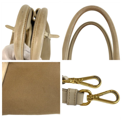 Prada Tote Bag Canvas, Leather Beige Gold Metal Tote Bag Shoulder Bag 2Way Logo Jacquard Women