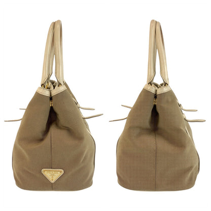 Prada Tote Bag Canvas, Leather Beige Gold Metal Tote Bag Shoulder Bag 2Way Logo Jacquard Women