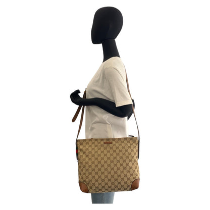 Gucci Shoulder Bag 337598 Gg Canvas, Leather Beige Brown Silvermetal Shoulder Bag Messenger Bag
