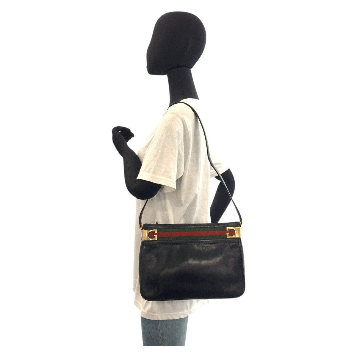 Gucci Shoulder Bag Leather Black Goldmetal Shoulder Bag Pochette Sherry Line Old Gucci Women