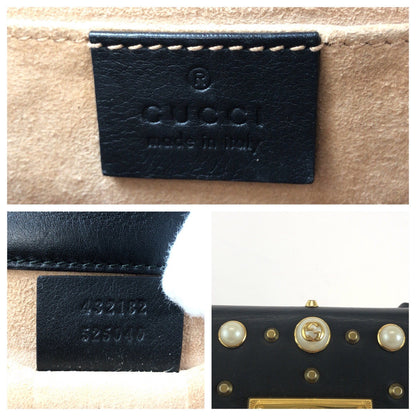 Gucci Shoulder Bag 432182 Leather Black Gold Metal Chainshoulder Bag Pochette Studs Pearl Women
