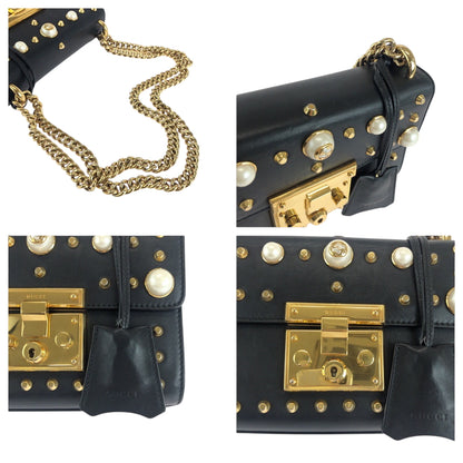 Gucci Shoulder Bag 432182 Leather Black Gold Metal Chainshoulder Bag Pochette Studs Pearl Women