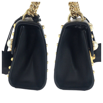 Gucci Shoulder Bag 432182 Leather Black Gold Metal Chainshoulder Bag Pochette Studs Pearl Women