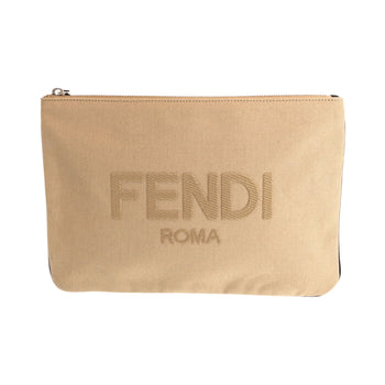 Fendi Clutch Bag Canvas Beige Silvermetal Clutch Bag Business Bag Pouch Logo Women