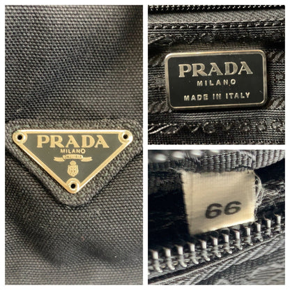 Prada Tote Bag Canvas Black Silvermetal Tote Bag Shoulder Bag Triangle With Logo Women