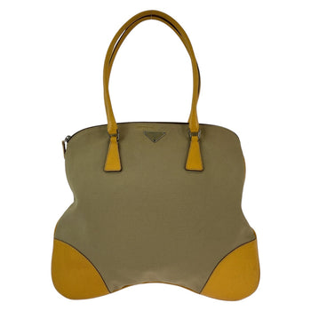 Prada Tote Bag Canvas, Leather Beige Yellow Silvermetal Tote Bag Handbag Shoulder Bag Triangle With