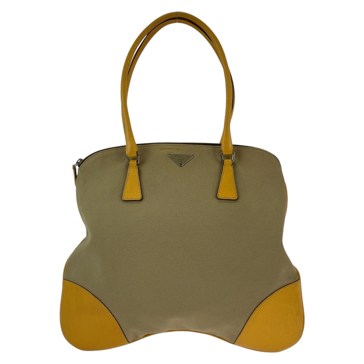 Prada Tote Bag Canvas, Leather Beige Yellow Silvermetal Tote Bag Handbag Shoulder Bag Triangle With