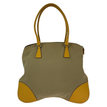 Prada Tote Bag Canvas, Leather Beige Yellow Silvermetal Tote Bag Handbag Shoulder Bag Triangle With