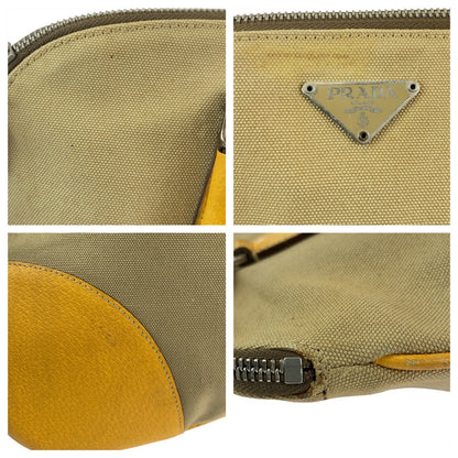 Prada Tote Bag Canvas, Leather Beige Yellow Silvermetal Tote Bag Handbag Shoulder Bag Triangle With
