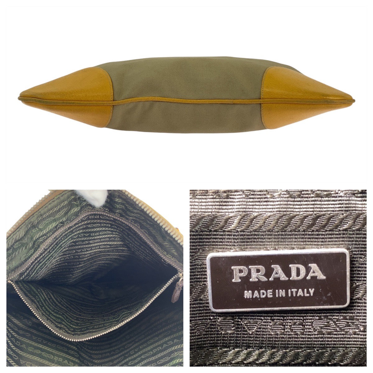 Prada Tote Bag Canvas, Leather Beige Yellow Silvermetal Tote Bag Handbag Shoulder Bag Triangle With