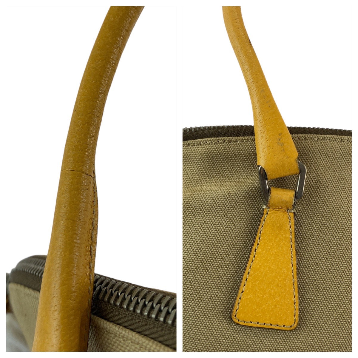 Prada Tote Bag Canvas, Leather Beige Yellow Silvermetal Tote Bag Handbag Shoulder Bag Triangle With