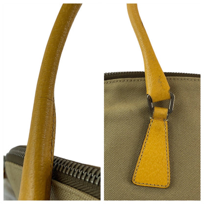 Prada Tote Bag Canvas, Leather Beige Yellow Silvermetal Tote Bag Handbag Shoulder Bag Triangle With
