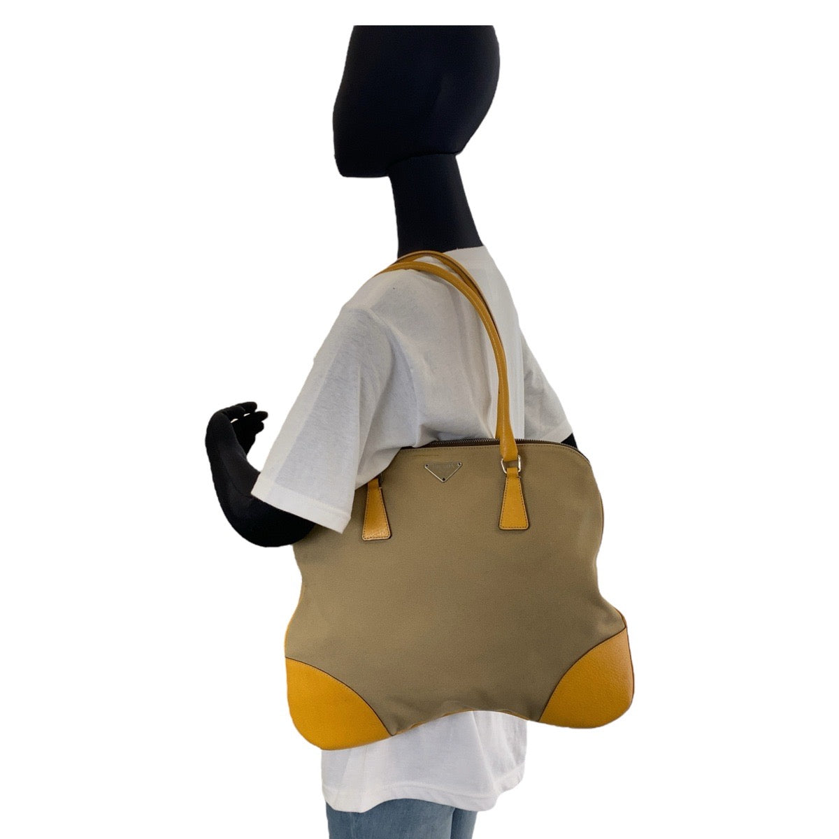 Prada Tote Bag Canvas, Leather Beige Yellow Silvermetal Tote Bag Handbag Shoulder Bag Triangle With