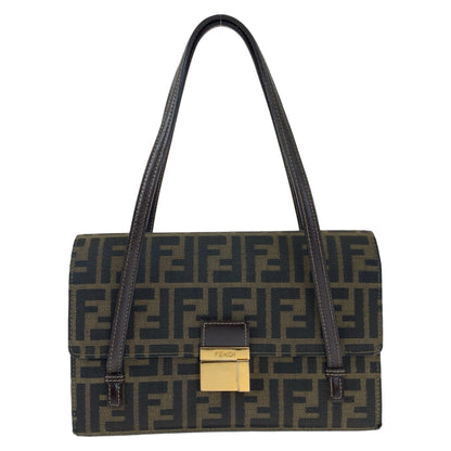 Fendi Shoulder Bag Canvas Brown Gold Metal Shoulder Bag Handbag Zucca Pattern Women