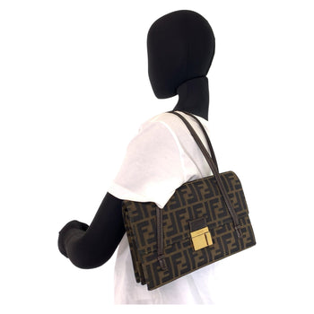 Fendi Shoulder Bag Canvas Brown Gold Metal Shoulder Bag Handbag Zucca Pattern Women