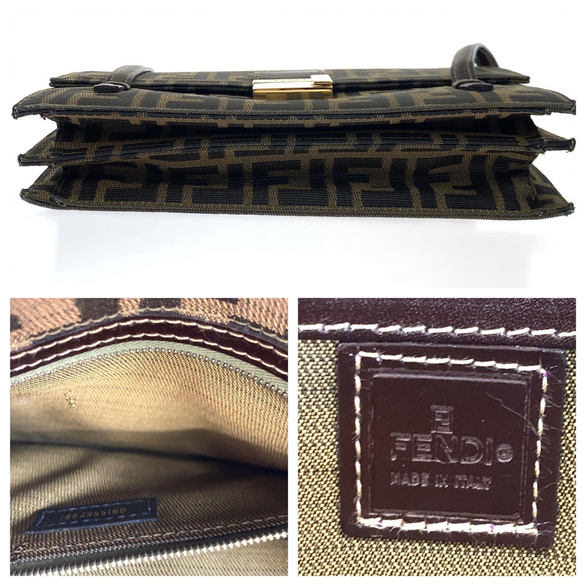 Fendi Shoulder Bag Canvas Brown Gold Metal Shoulder Bag Handbag Zucca Pattern Women