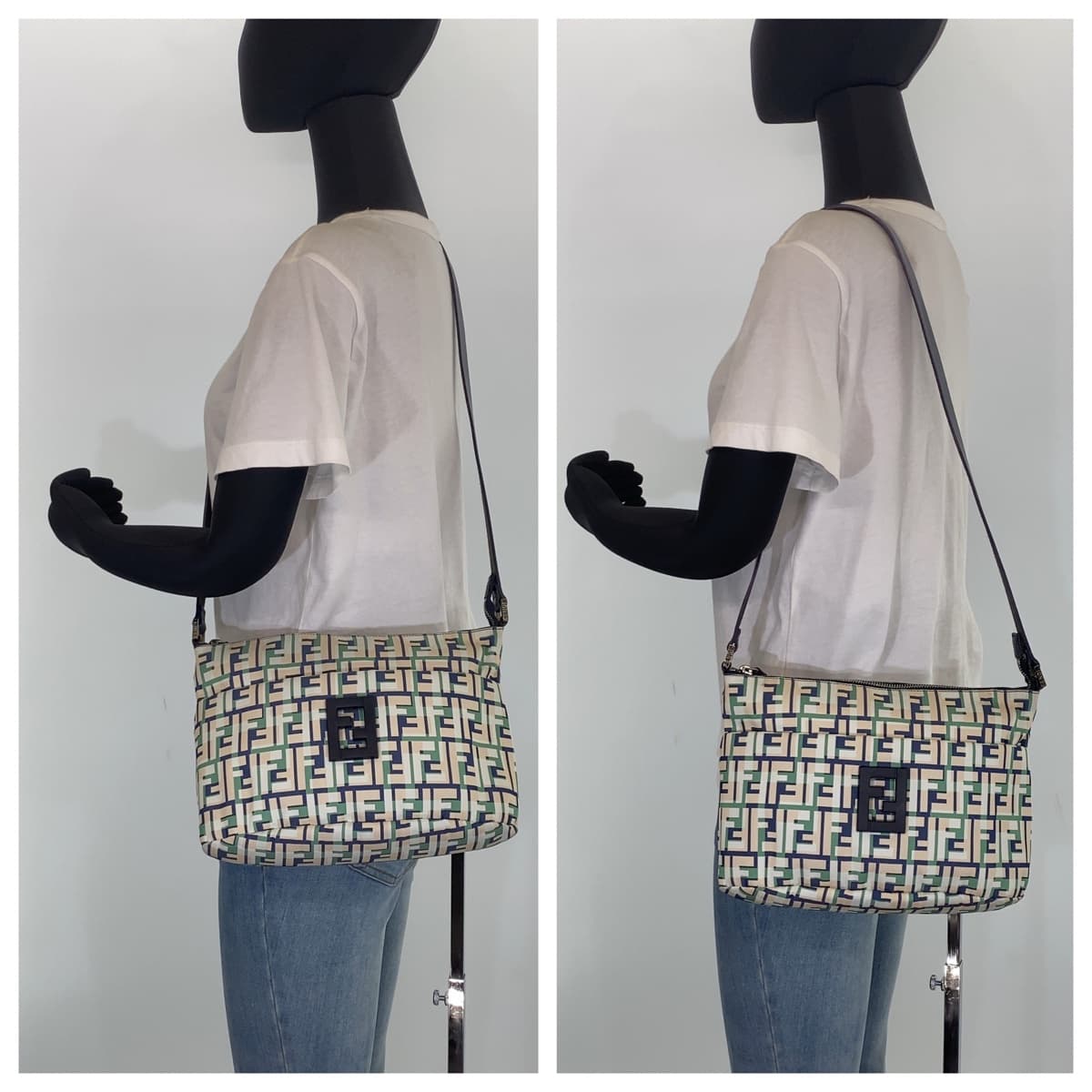 Fendi Shoulder Bag Canvas Green Pink Navy Crossbody Shoulder Bag Messenger Bag Zucca Pattern Ff