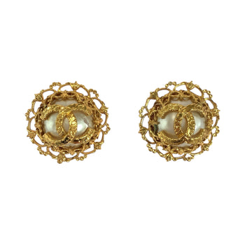 Chanel Earring Metal Gold White Lava Coco Mark Baroque Pearl