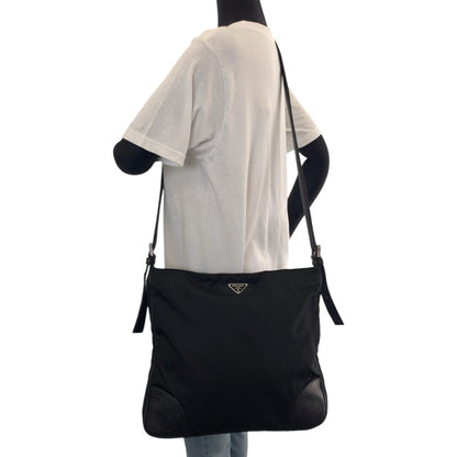 Prada Shoulder Bag Nylon, Leather Black Silvermetal Shoulder Bag Messenger Bag Tessuto Vitello Dino