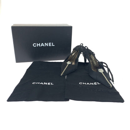 Chanel Pumps Satin Black Silvermetal Pumps Mules High Heels Coco Mark Rhinestone Women 23.5