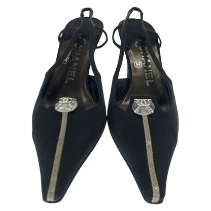 Chanel Pumps Satin Black Silvermetal Pumps Mules High Heels Coco Mark Rhinestone Women 23.5