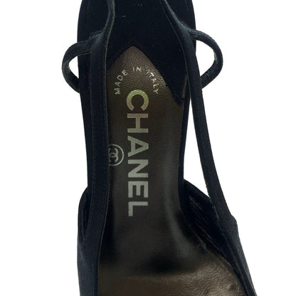 Chanel Pumps Satin Black Silvermetal Pumps Mules High Heels Coco Mark Rhinestone Women 23.5