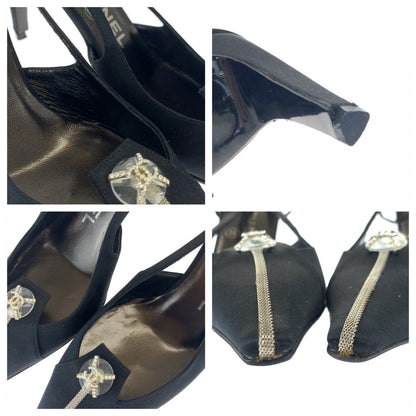 Chanel Pumps Satin Black Silvermetal Pumps Mules High Heels Coco Mark Rhinestone Women 23.5