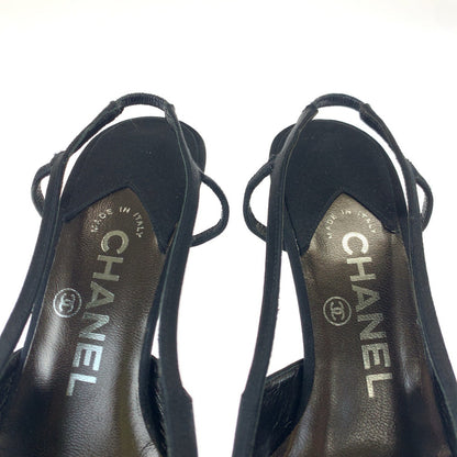 Chanel Pumps Satin Black Silvermetal Pumps Mules High Heels Coco Mark Rhinestone Women 23.5