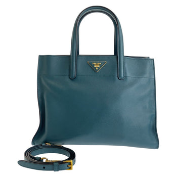 Prada Tote Bag Leather Green 2Way Tote Bag Safiano Triangle With Logo Women