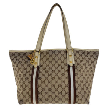 Gucci Tote Bag 139260 Gg Canvas, Leather Brown Gold Metal Tote Bag Shoulder Bag Shelly Line Bamboo