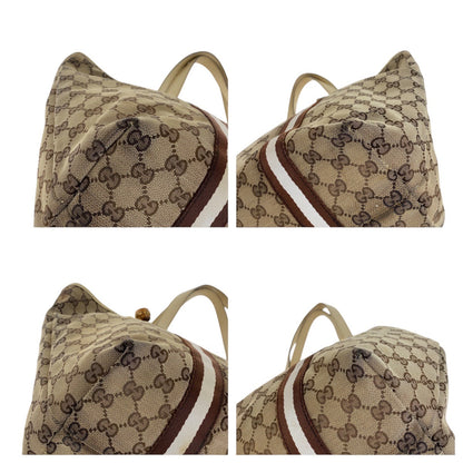 Gucci Tote Bag 139260 Gg Canvas, Leather Brown Gold Metal Tote Bag Shoulder Bag Shelly Line Bamboo