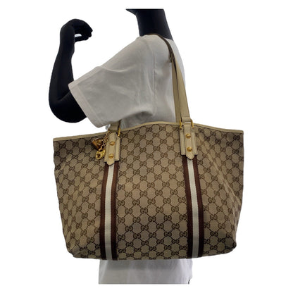 Gucci Tote Bag 139260 Gg Canvas, Leather Brown Gold Metal Tote Bag Shoulder Bag Shelly Line Bamboo