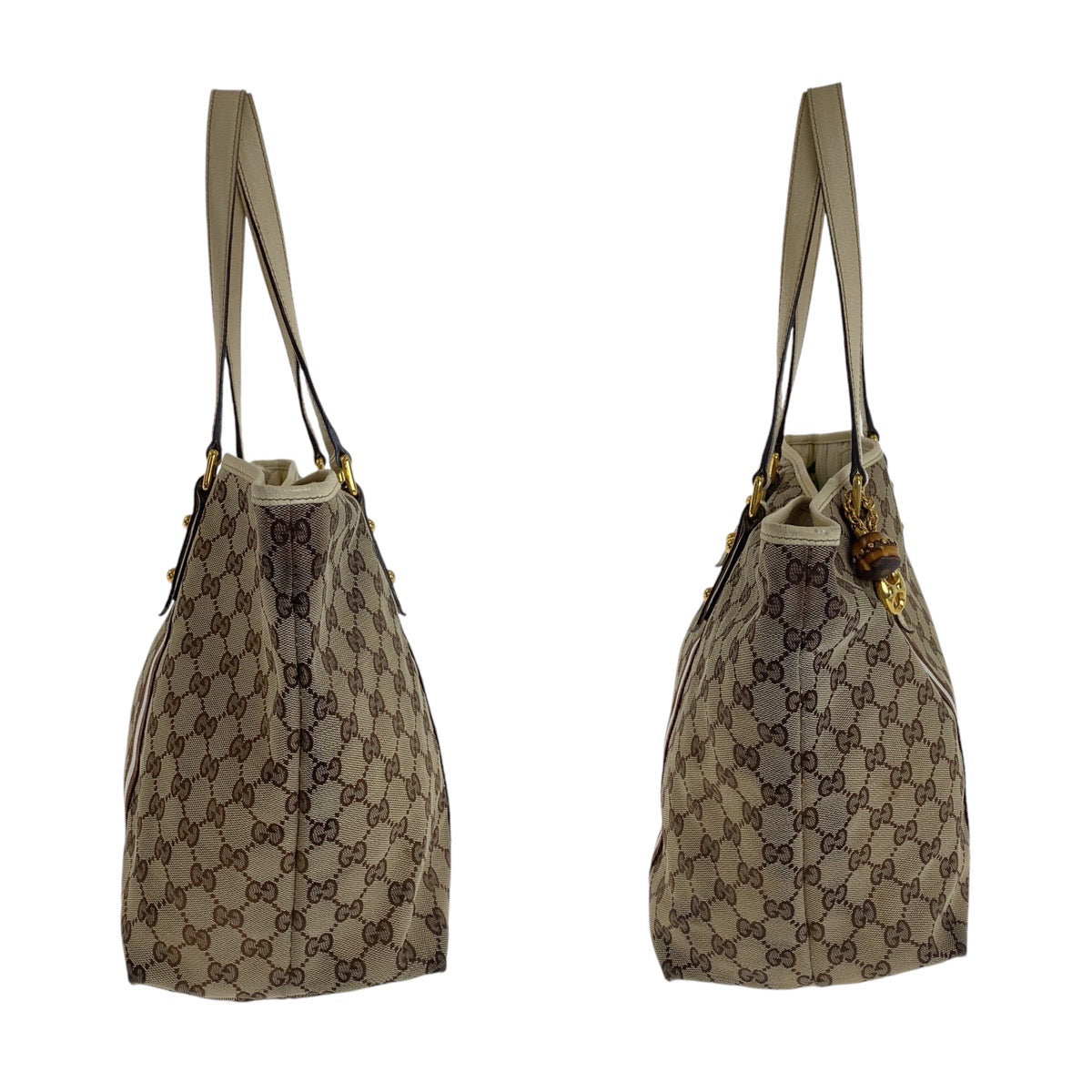 Gucci Tote Bag 139260 Gg Canvas, Leather Brown Gold Metal Tote Bag Shoulder Bag Shelly Line Bamboo
