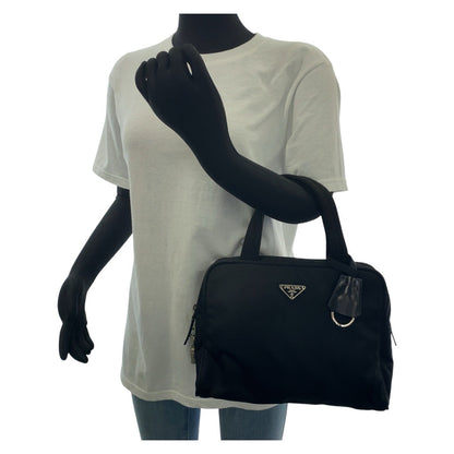 Prada Tote Bag Nylon Black Silvermetal Tote Bag Handbag Test Triangle With Logo Women