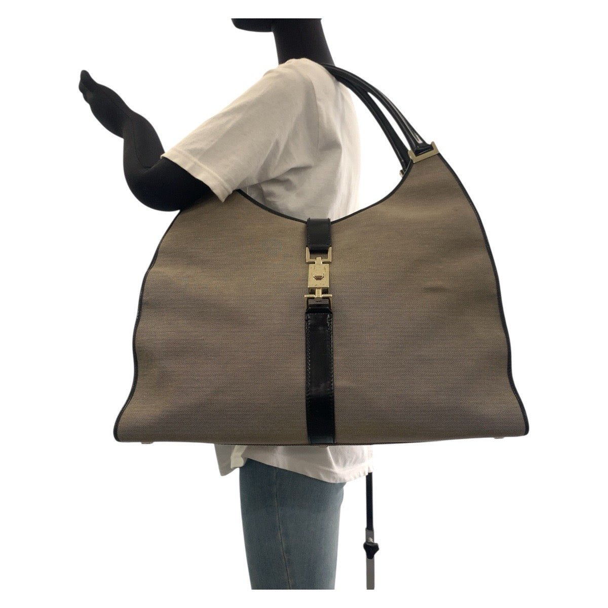 Gucci Shoulder Bag 019 0345 Canvas, Leather Gray Beige Black Gold Metal Shoulder Bag Unisex Jackie