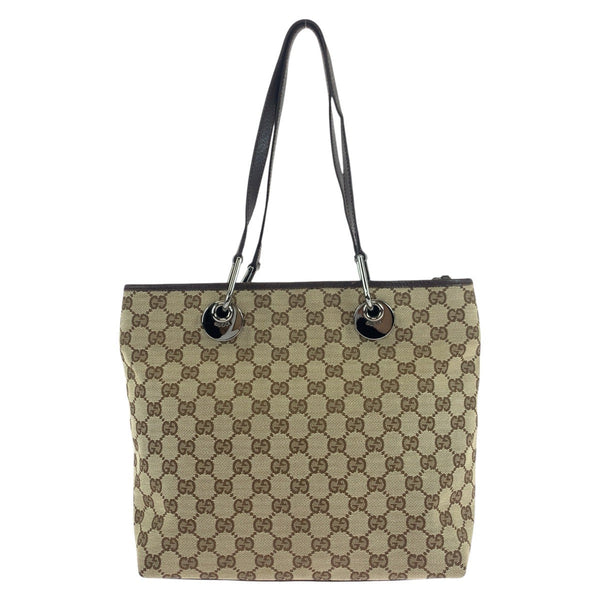 Gucci Tote Bag 139552 Gg Canvas, Leather Brown Silver Metal Tote Bag Shoulder Bag Women