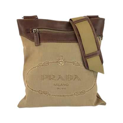Prada Shoulder Bag Canvas, Leather Beige Brown Silvermetal Shoulder Bag Messenger Bag Logo Jacquard