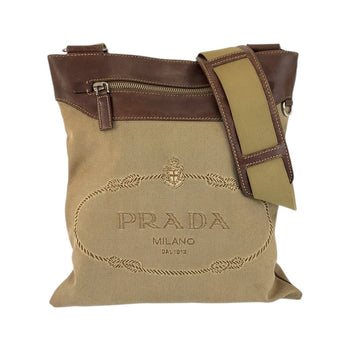 Prada Shoulder Bag Canvas, Leather Beige Brown Silvermetal Shoulder Bag Messenger Bag Logo Jacquard