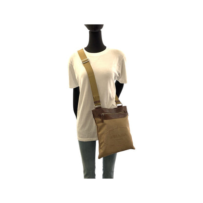 Prada Shoulder Bag Canvas, Leather Beige Brown Silvermetal Shoulder Bag Messenger Bag Logo Jacquard