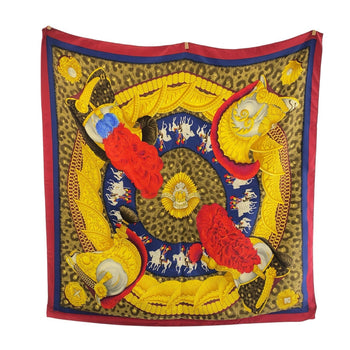Hermes Scarf Silk Red Multicolor Carre90 Casques Plumets Women
