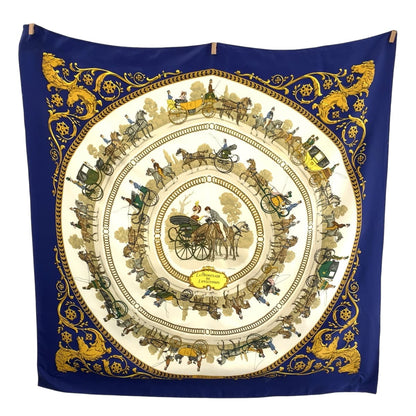 Hermes Scarf Silk Blue Multicolor Large Format Calfskin Carre90 La Promenade De Longchamps Women