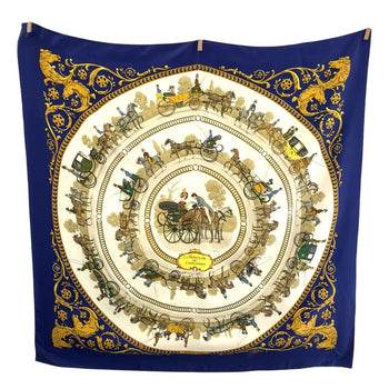 Hermes Scarf Silk Blue Multicolor Large Format Calfskin Carre90 La Promenade De Longchamps Women