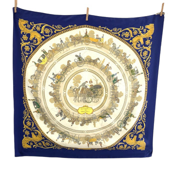 Hermes Scarf Silk Blue Multicolor Large Format Calfskin Carre90 La Promenade De Longchamps Women