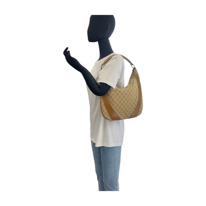 Gucci Shoulder Bag 124357 Gg Canvas, Leather Beige Brown Silvermetal Shoulder Bag Hobo Women