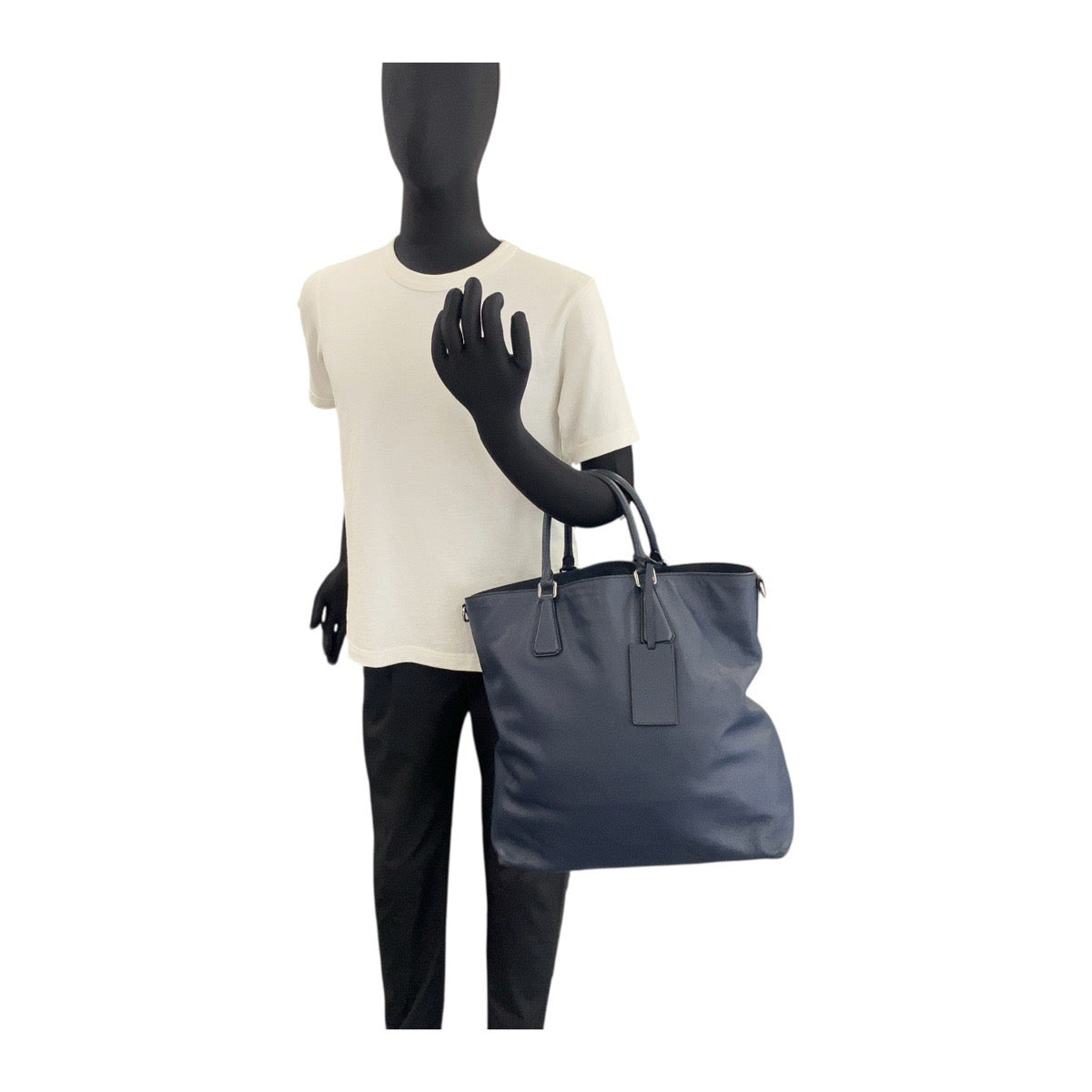 Prada Tote Bag 7B Leather Navy Silvermetal Tote Bag Handbag Safiano Triangle With Logo Mens