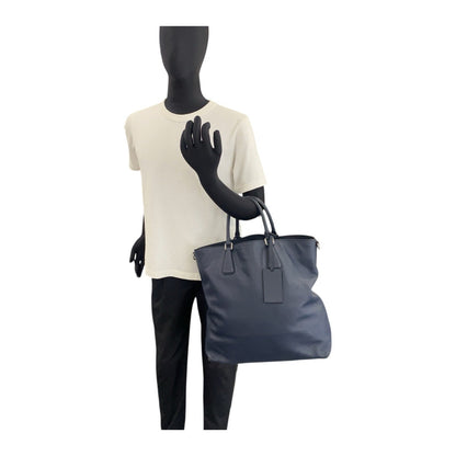 Prada Tote Bag 7B Leather Navy Silvermetal Tote Bag Handbag Safiano Triangle With Logo Mens