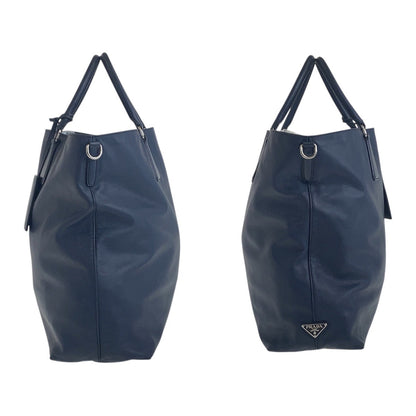Prada Tote Bag 7B Leather Navy Silvermetal Tote Bag Handbag Safiano Triangle With Logo Mens