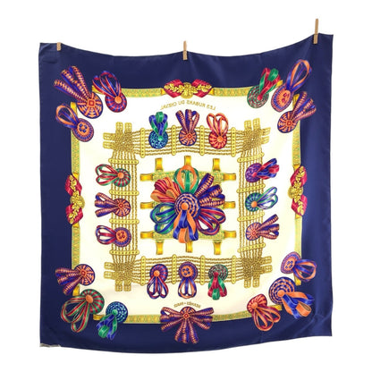 Hermes Scarf Silk Blue Multicolor Les Rubans Du Cheval Carre90